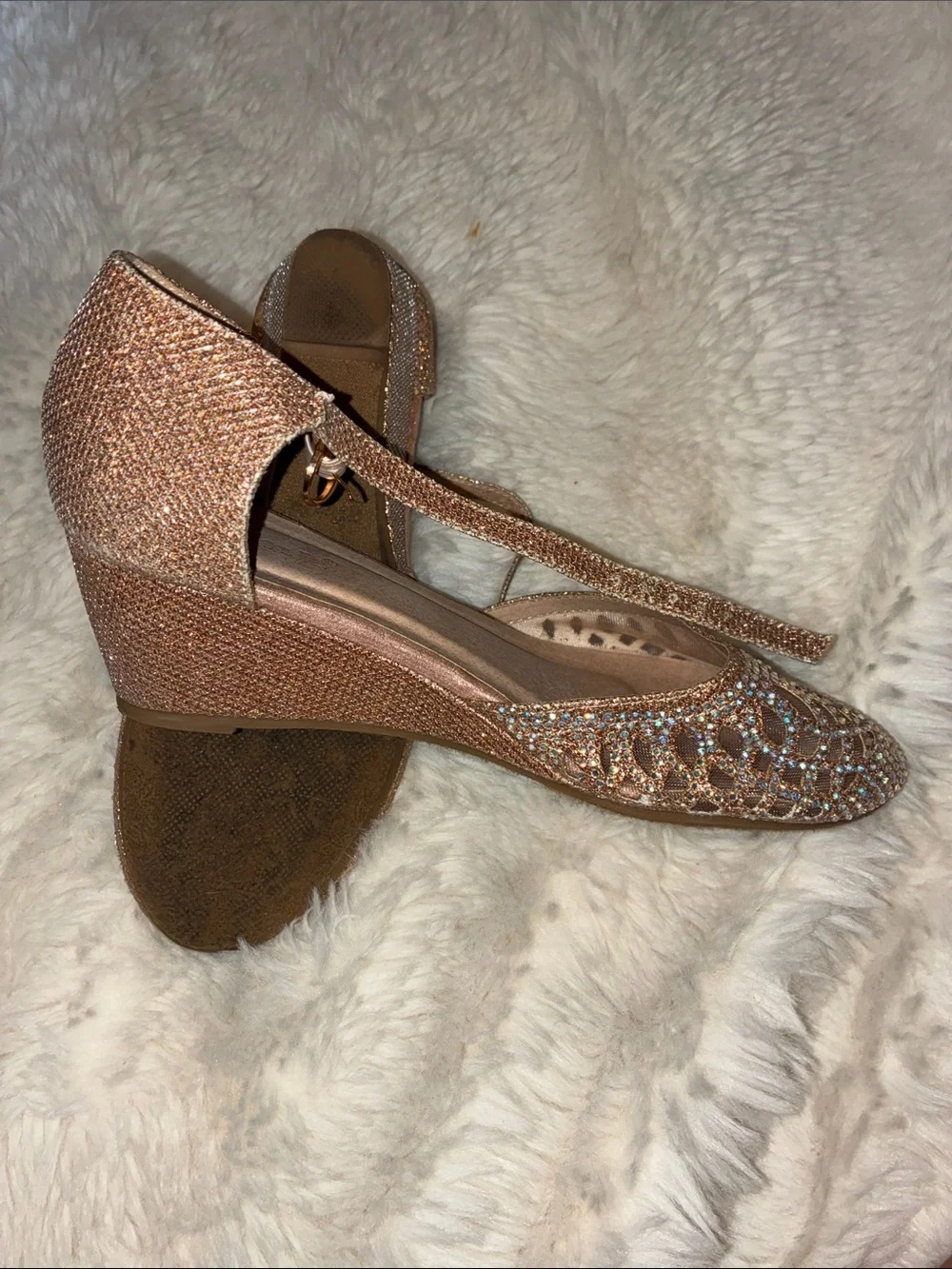 Rose Gold Glitter Rhinestone D'Orsay Flats with Ankle Straps